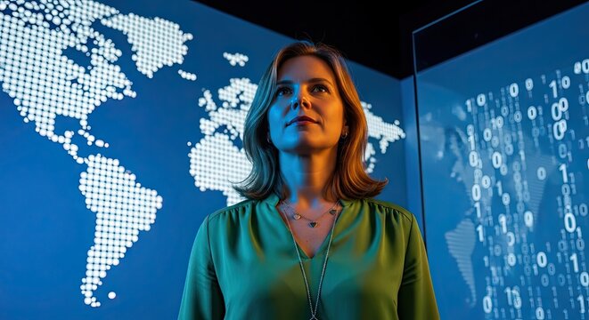 Woman gazes upward before world map and binary code green shirt technology - Powered by Adobe