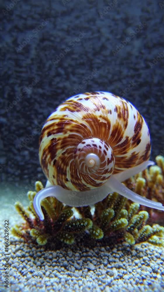 Poster close-up video shot of a vibrant snail shell on coral, showcasing intricate patterns. captured from 
