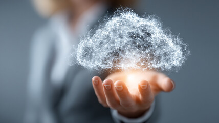 Hand presenting glowing holographic cloud futuristic technology business storage innovation growth
