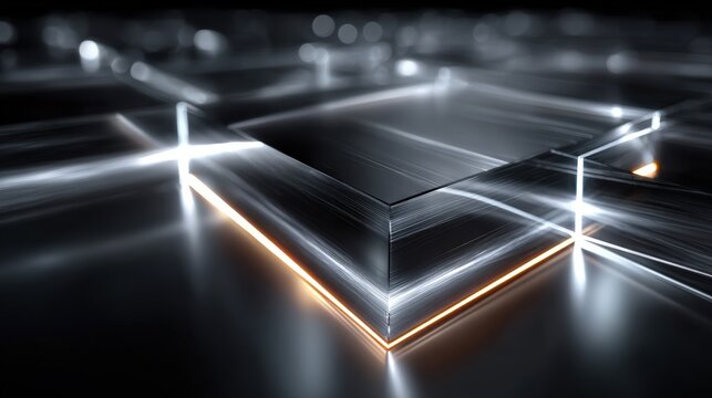 Abstract futuristic background showcasing a grid of dark metallic cubes illuminated by dynamic light trails, creating a sense of advanced technology and innovation