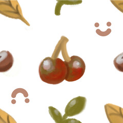 A vibrant seamless pattern featuring cherries, leaves, and playful smiley faces. Perfect for backgrounds, product designs, and artistic projects. The lively motif brings joy and freshness.