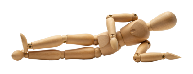 Artistic pose demonstration of a wooden mannequin studio setting natural light side creative expression. Cut out PNG