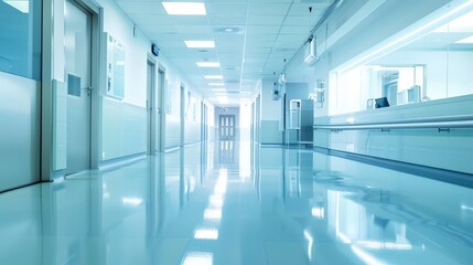 Clean and futuristic hospital corridor with shiny floor reflecting lights