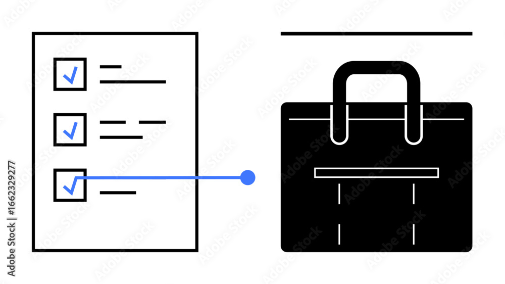 Poster checklist with marked tasks linked through a line to a briefcase, representing workplace efficiency.