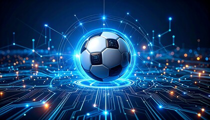 Futuristic soccer ball on a digital circuit board