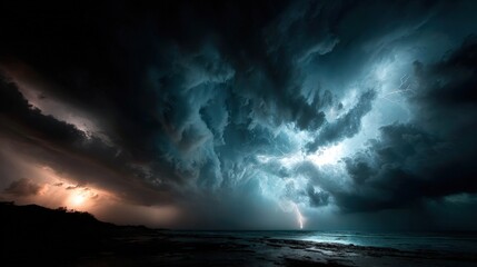 Naklejka premium Lightning bolts striking the sea under dark stormy clouds during a dramatic sunset over the ocean