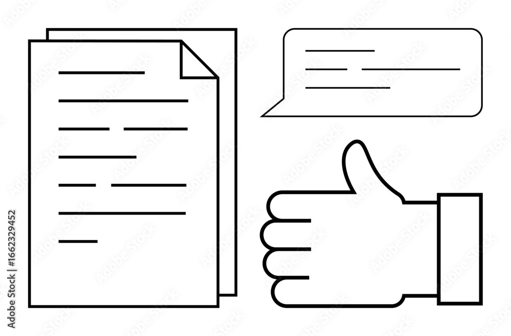 Poster documents with text lines, a speech bubble, and a thumbs-up gesture representing agreement and feedb