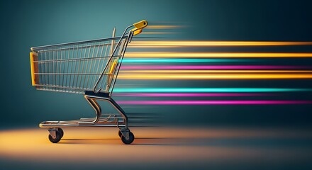 Shopping Cart with Streaks of Light, Representing Speed and Efficiency in Commerce