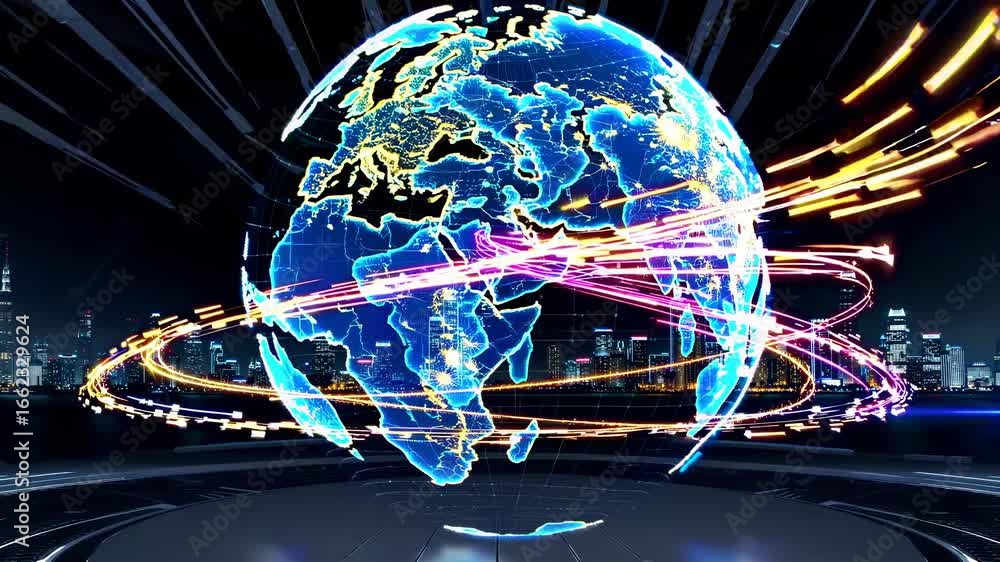 Poster futuristic video concept with a digital globe surrounded by neon data streams. dynamic low-angle vie