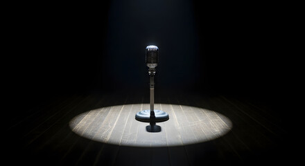 Vintage microphone on a wooden stage under a spotlight