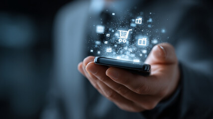 Businessman holding smartphone holographic technology futuristic communication digital innovation success