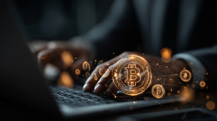 Glowing holographic bitcoin coin digital finance blockchain cryptocurrency technology business innovation