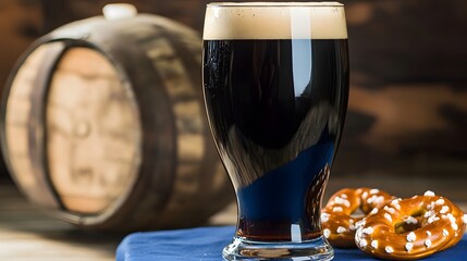 Dark Beer in Glass with Pretzels and Wooden Barrel