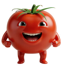 Fototapeta premium A photorealistic digital sculpture of a tomato with a happy face and human limbs, on a transparent background in PNG, for design
