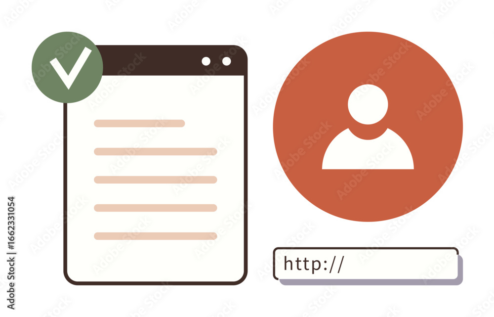 Poster browser window with profile approval checkmark, user icon, and web link. ideal for authentication, s
