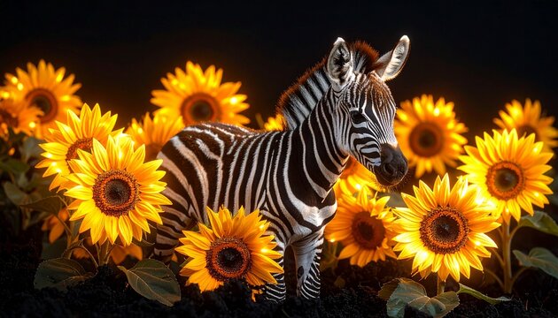 Fantastical portrait of a beautiful young zebra foal standing in a surreal, glowing field of bright yellow sunflowers