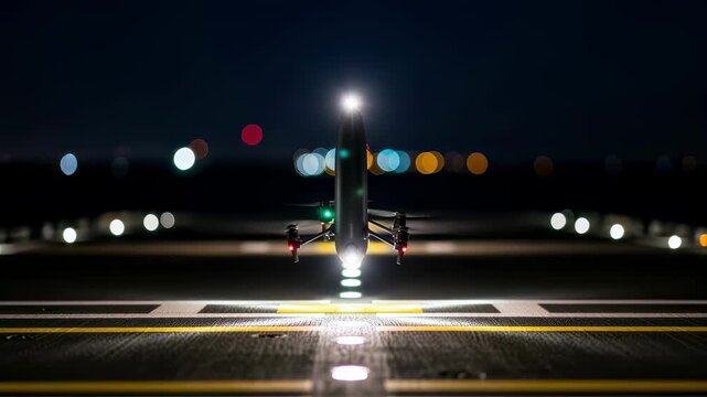 Nighttime scene of a vertical recovery drone landing on an illuminated unmanned ship flight deck simulator with precision markings.