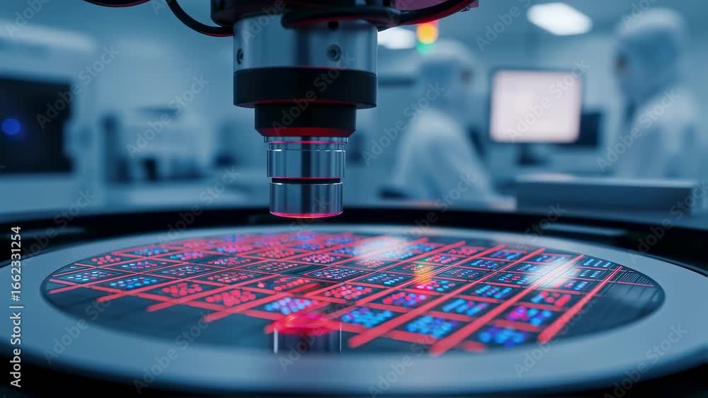 Poster ultramagnified image showing microled wafer pixel arrays during inprocess optical quality control.