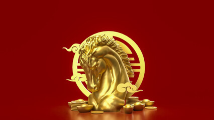 The Gold Year of horse for Chinese New year or holiday concept 3d Rendering.