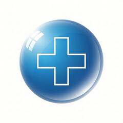 Obraz premium A captivating glossy blue sphere, perfectly round and reflective, featuring a bold white plus sign at its center, representing concepts of addition, growth, and positive engagement.