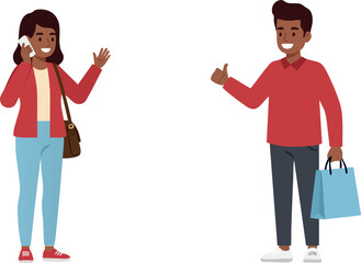 Obraz premium Young man and woman interacting with phone and shopping bag in casual clothes vector illustration 