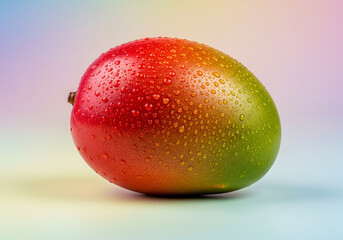 Vibrant mango with water droplets on a colorful gradient background