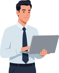 Businessman working on laptop computer in office vector illustration 