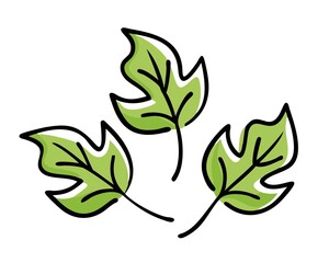 Vector illustration of three hand-drawn green leaves with bold black outlines and white highlights. Playful and simple design, perfect for autumn-themed decor, eco-friendly, educational concepts