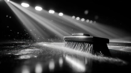 Curling brush sweeps ice, lit by bright lights, in dramatic monochrome