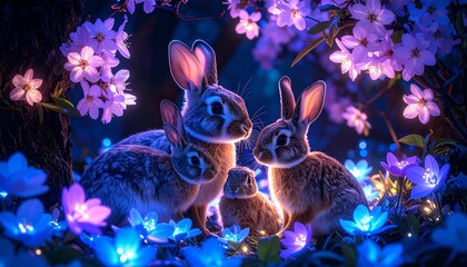 Enchanting rabbit family surrounded by magical glowing blossoms in a serene, whimsical moonlit forest