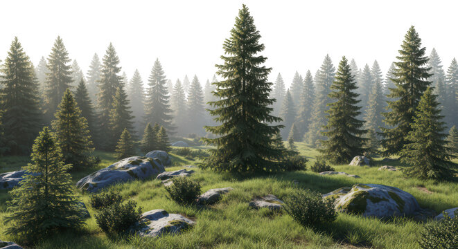 Clearing in a pine and fir forest, mountain landscape 3D with fog and rocks PNG