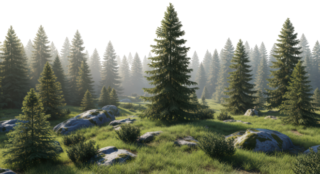Clearing in a pine and fir forest, mountain landscape 3D with fog and rocks PNG