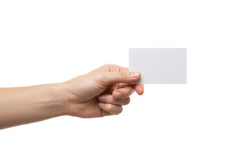 Fototapeta premium Hand holding blank card studio setting minimalist environment identity concept. Cut out PNG