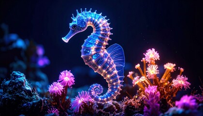A magical bioluminescent seahorse glowing with ethereal light on a vibrant neon coral reef in the deep ocean