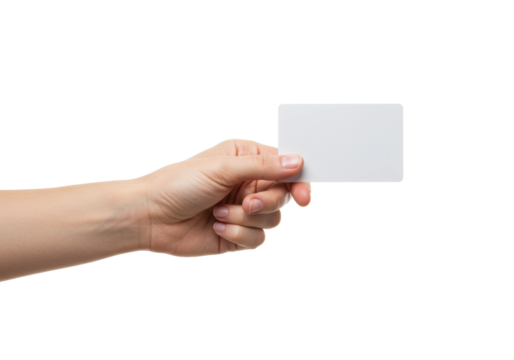 Hand holding blank card studio setting minimalist environment identity concept. Cut out PNG