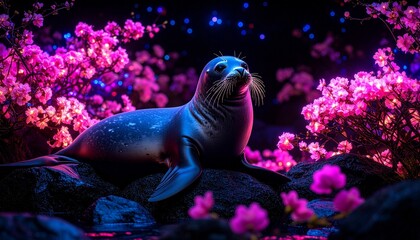 Enchanting Seal in a Cherry Blossom Paradise A Dreamlike Scene of Nature and Serenity