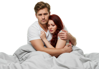 Emotional comforting moment between a couple at home indoor connection. Cut out PNG