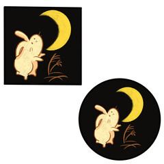 Rabbit and Moon Illustration on Black Background – Circle and Square