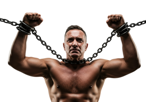 Man breaking chains fitness event studio strongman training concept inspirational environment. Cut out PNG