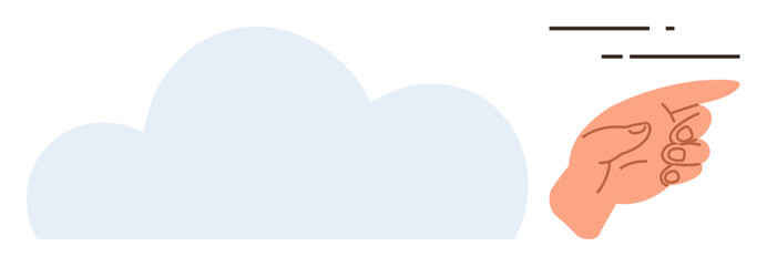 Hand pointing at a cloud symbolizing digital connectivity, cloud technology, or creativity. Ideal for innovation, data storage, online services, technology, teamwork direction progress. Simple flat