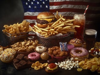 A tempting array of American junk food against the backdrop of flag