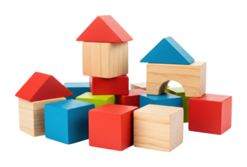 Creative playtime with colorful wooden blocks indoor learning space educational toys engaging environment top-down perspective. Cut out PNG