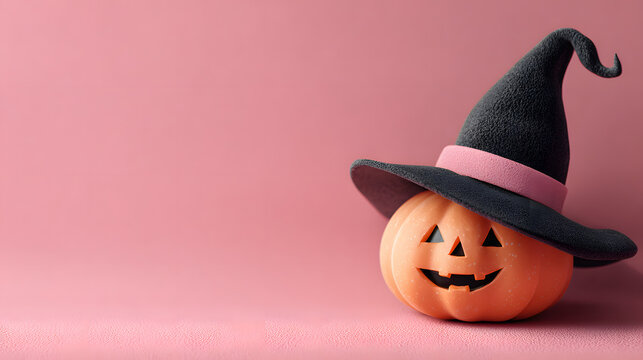 Simple design featuring a jack-o'-lantern in a witch hat on a pink background with space for your halloween project