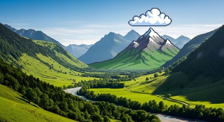 Beautiful pixel art mountain landscape with river and green valley scenic nature background image wallpaper