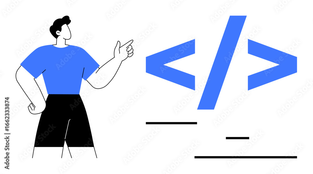 Poster person gesturing towards coding symbols with abstract shapes around. ideal for web development, prog