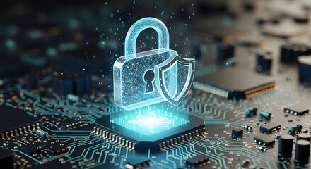 Cybersecurity technology digital padlock and shield on computer circuit board