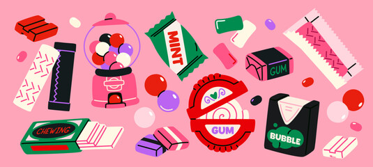Bubble gum set. Colorful stickers with balls, pads, plates and rolls of delicious chewing gum. Sweet dessert packaging. Menthol candies. Flat vector illustration collection