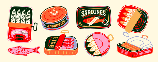 Canned sardines set. Vintage retro stickers with fresh fish packages, sprats and seafood. Funky artwork for t shirt print, poster and covers. Flat vector illustration collection