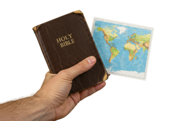 Religious text and world map exploration personal study room digital indoor environment spiritual insight. Cut out PNG