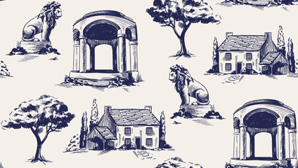 Vintage Victorian Seamless Pattern. Repeating ornament in Toile de jouy style with retro statue, manor house and gazebo with columns. Hand drawn vector illustration